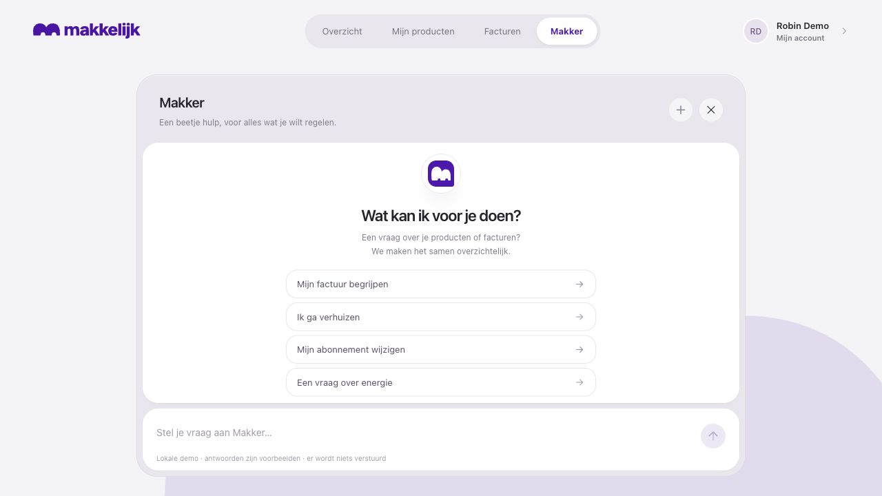 Makker met voorbeeldvragen en een invoerveld voor jouw vraag