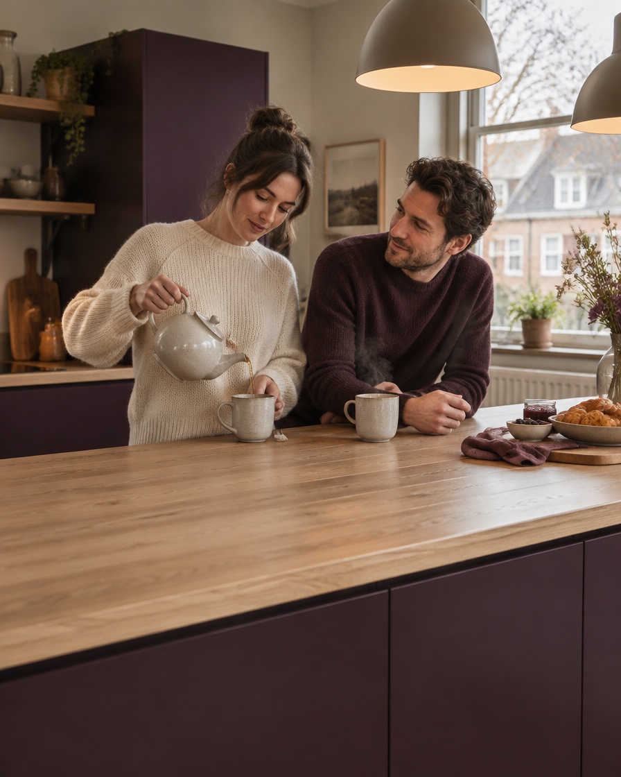 Een rustige ochtend thuis met thee in de warme keuken