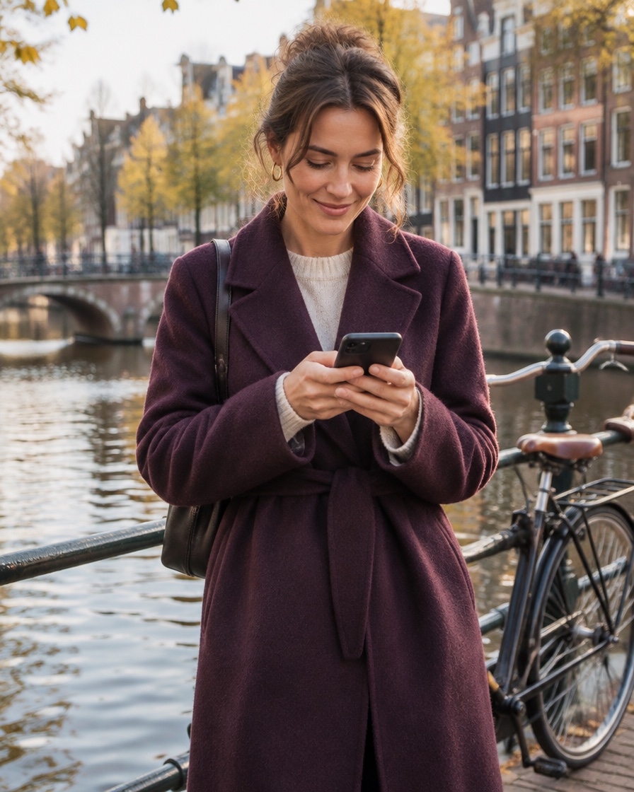 Onderweg je telefoon gebruiken aan een Amsterdamse gracht