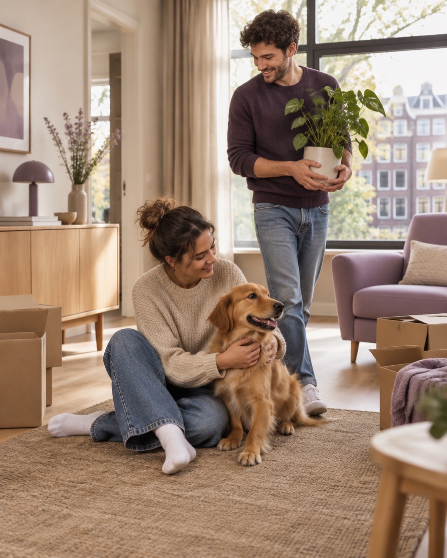 Een stel en hun hond thuis, tussen hun spullen en verhuisdozen